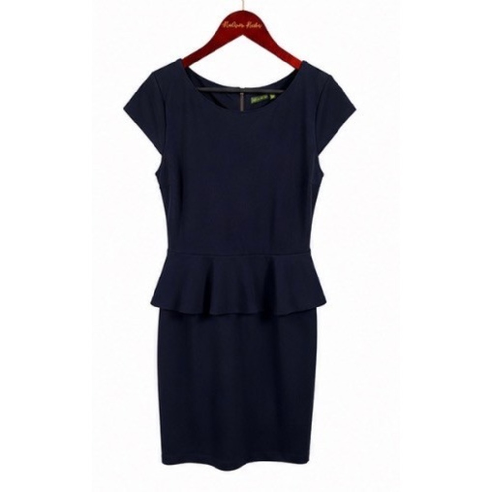 The Letter Peplum Dress Womens Medium Navy Blue EUC Short Sleeve Professional